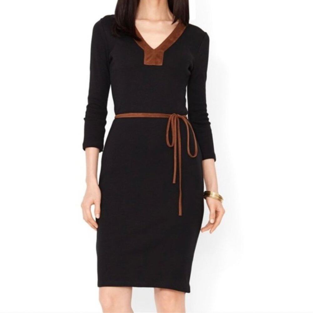 Lauren Ralph Lauren Faux Suede Trim Sheath Black Dress, Size MP, New With Tags